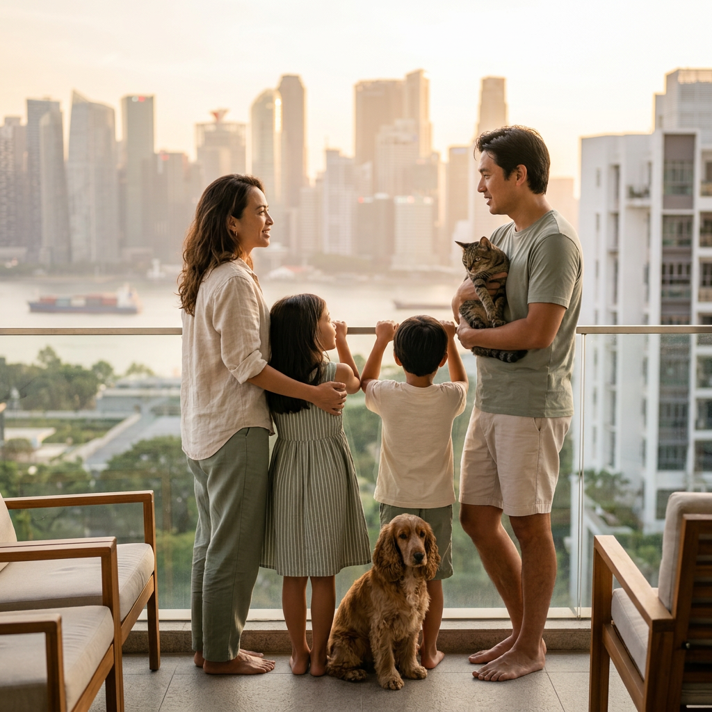 Patricia, partner and kids on a Singapore high-rise balcony with their family cocker spaniel and tabby cat