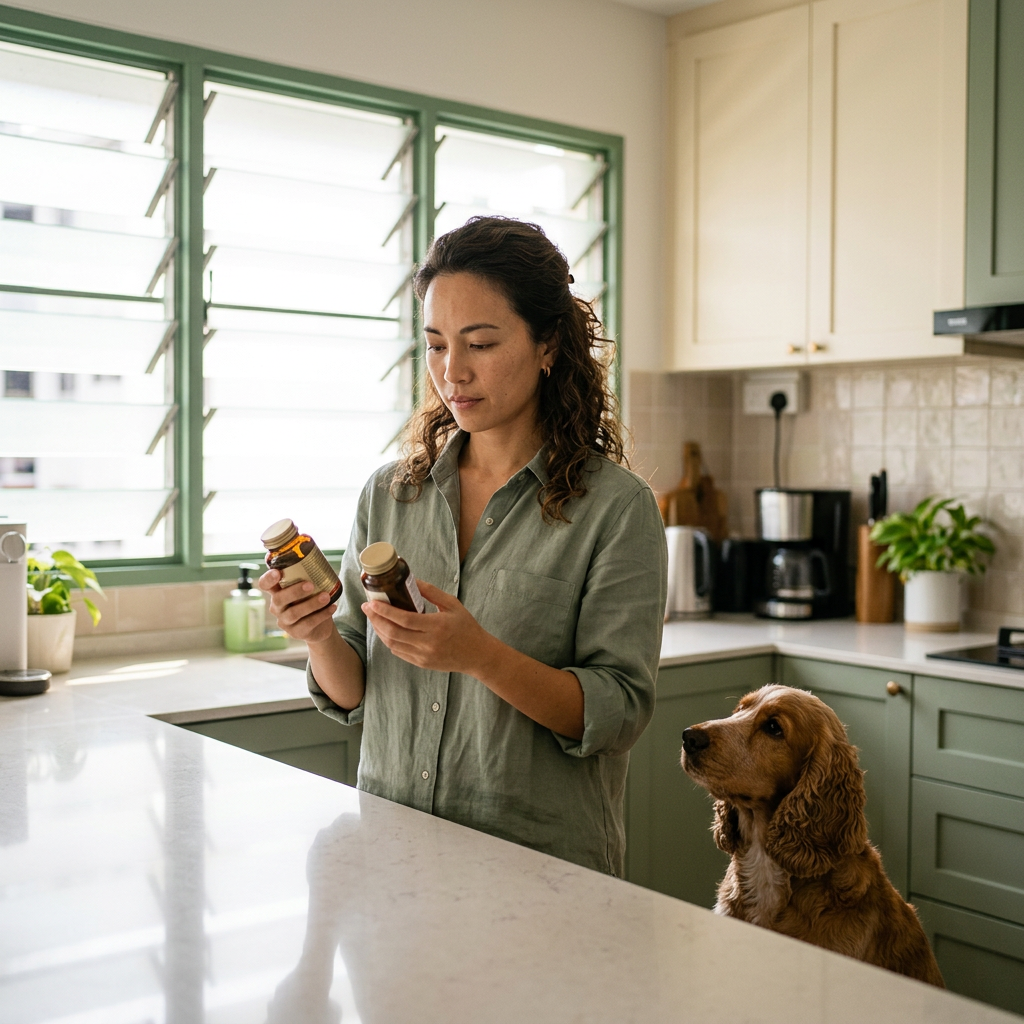 Patricia in a Singapore HDB kitchen reading a supplement label, her cocker spaniel beside her